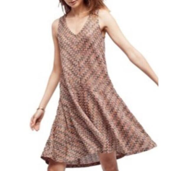 Anthropologie Maeve Westwater Knit Flounce Hem Dress Brown Motif A-Line Size XS - Picture 1 of 12
